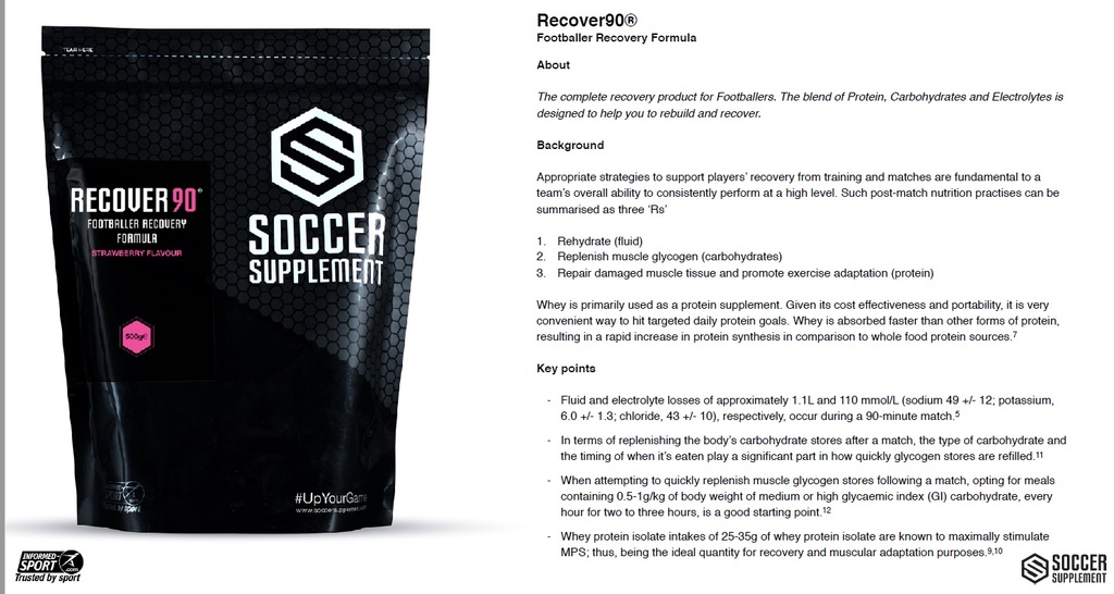 Soccer Supplement - Recover90 Footballer Recovery Formula  (500g) 